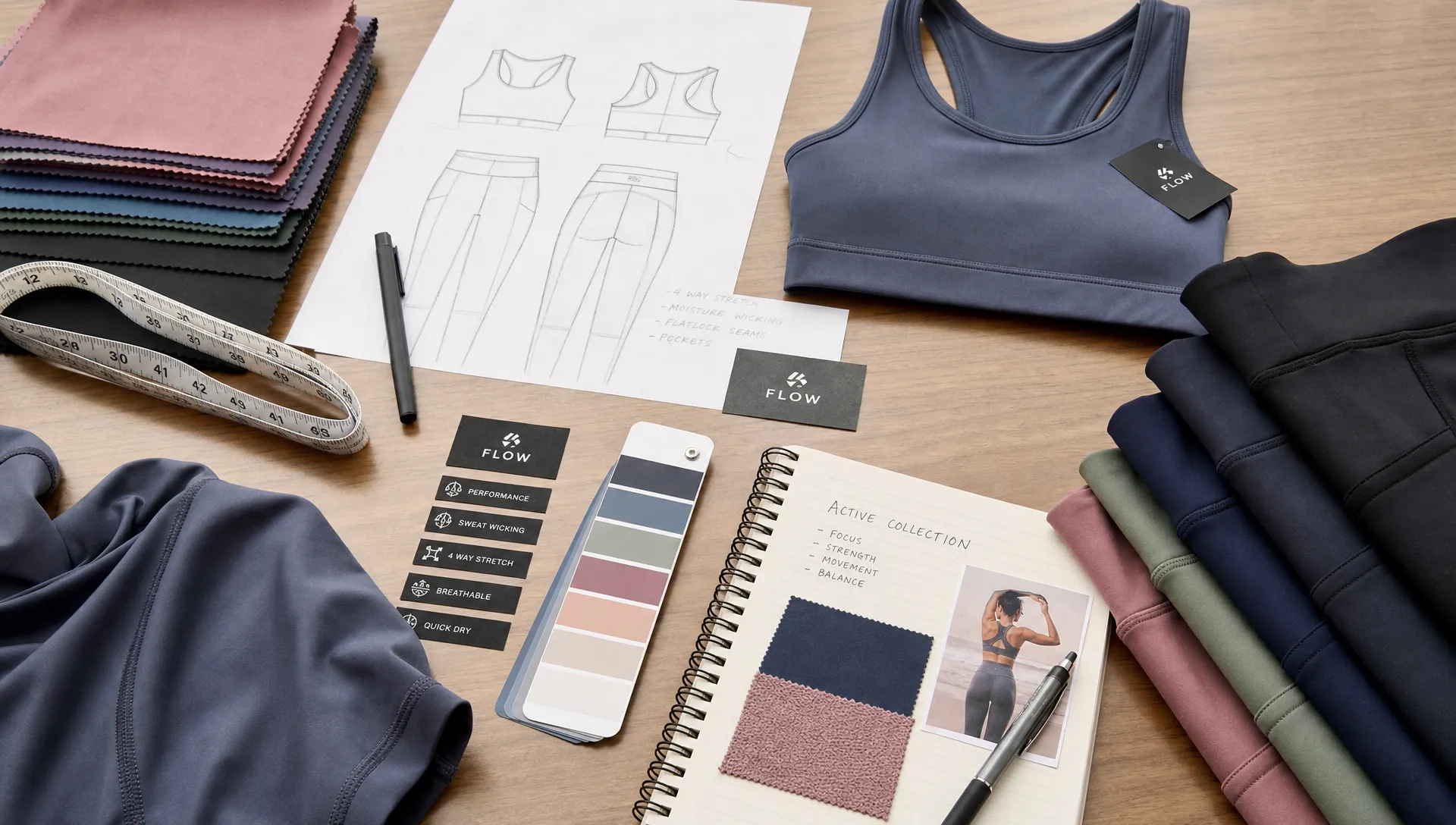 A focused activewear collection development scene with fabric swatches, a measuring tape, garment samples, logo labels, color cards, and folded leggings and performance tops arranged on a worktable.