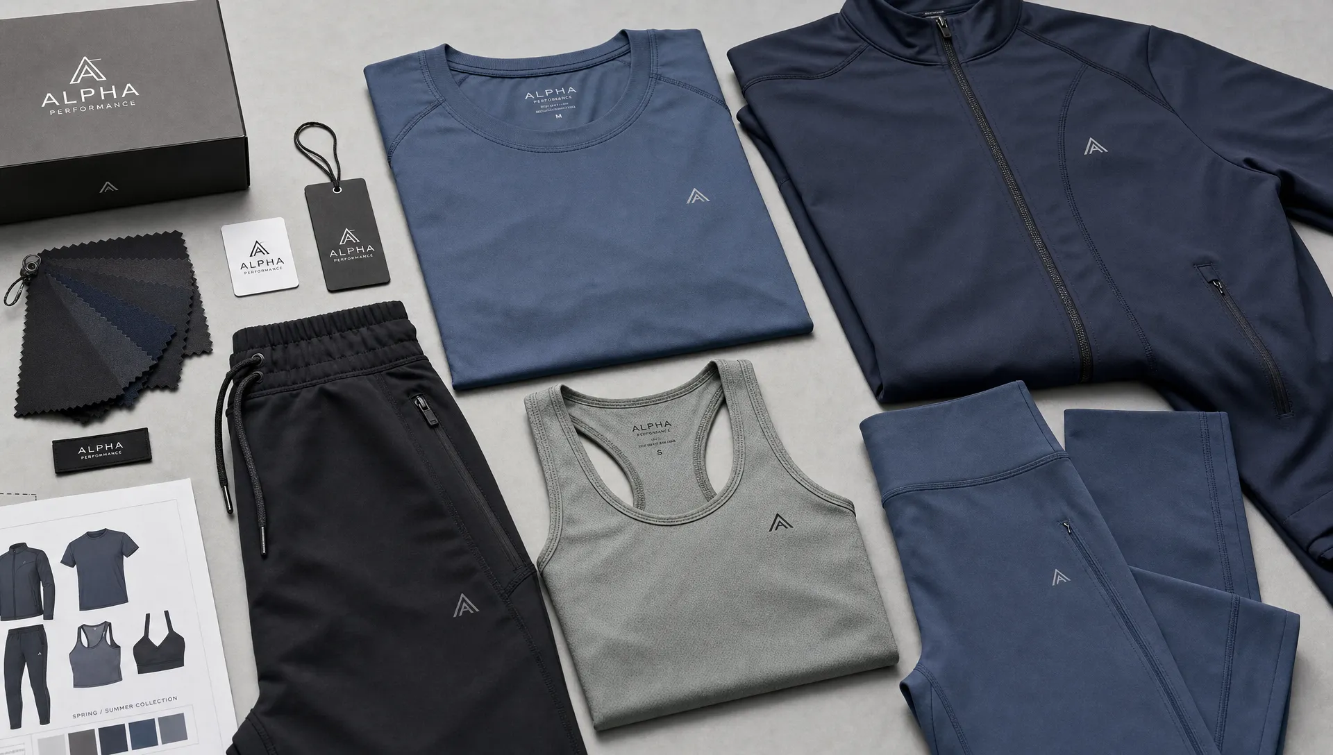 A premium activewear collection arranged on a clean studio table with fabric swatches, branded labels, training tops, leggings, joggers, and a zip jacket showing detailed stitching and texture.