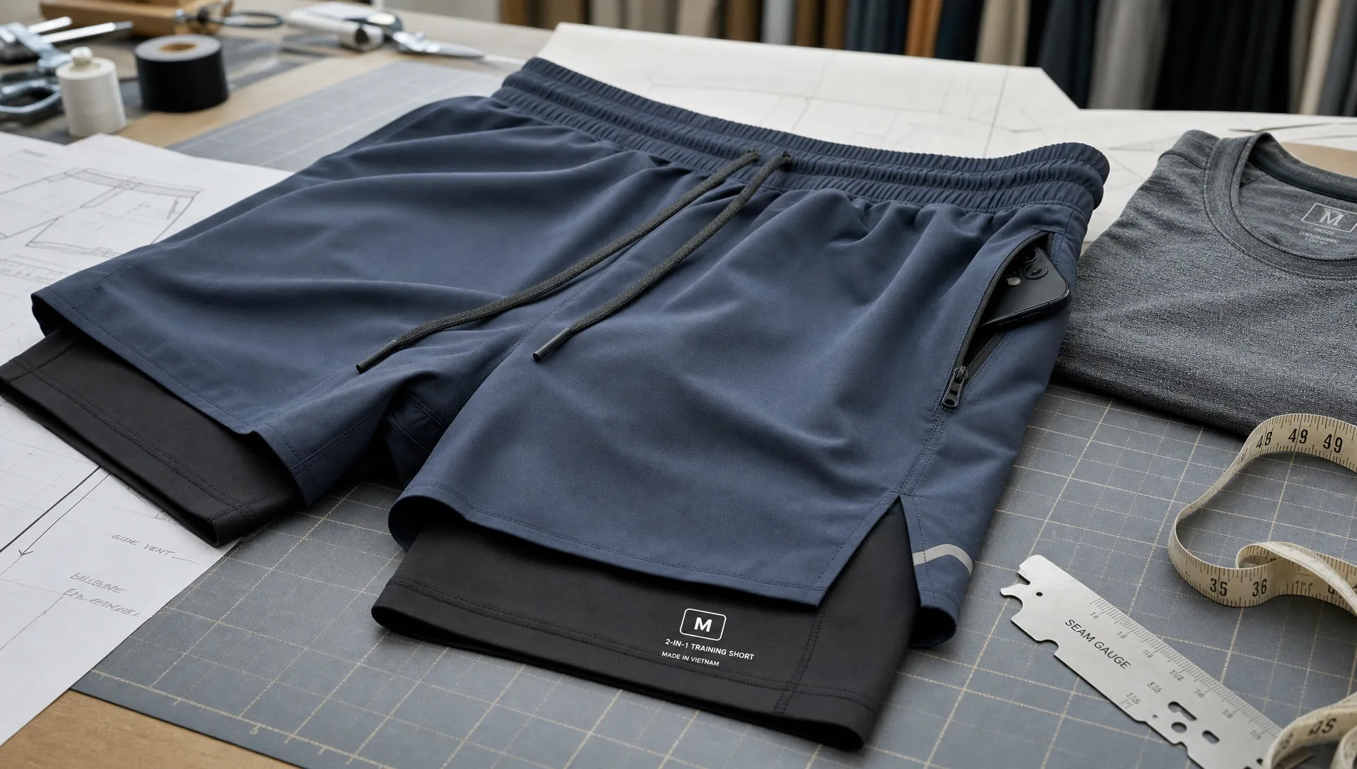 Men's blank 2-in-1 training shorts for wholesale and private label sportswear manufacturing