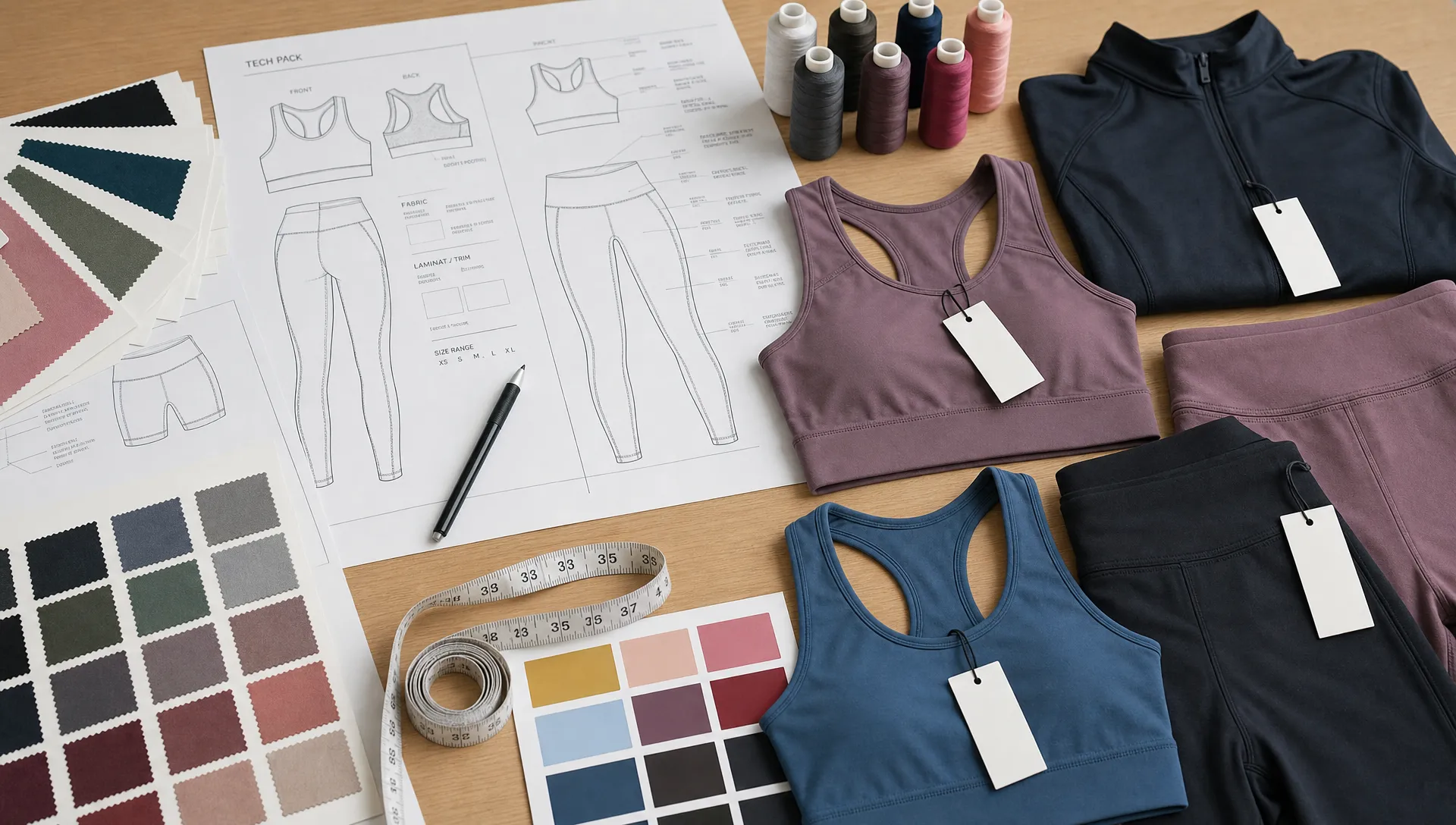 A worktable with technical sketches, fabric swatches, thread colors, a measuring tape and finished sportswear samples for comparing manufacturers before sampling.