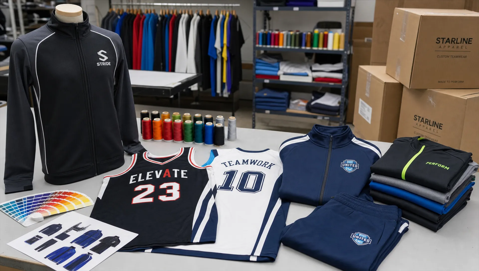 Customized sports jerseys, tracksuits and activewear pieces arranged in a garment workspace with fabric swatches, embroidery thread, folded samples and export cartons ready for shipment.