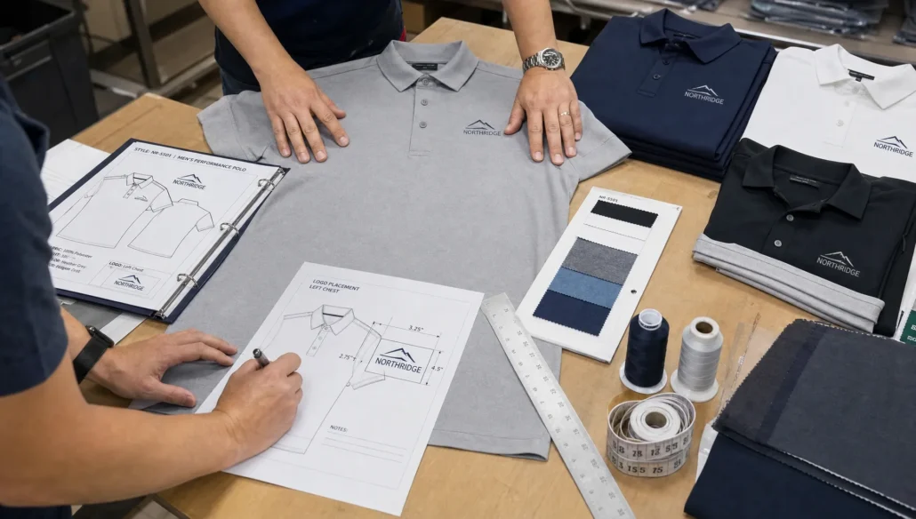 Technicians compare a polo sample with spec notes and swatches while checking measurements on a production bench.