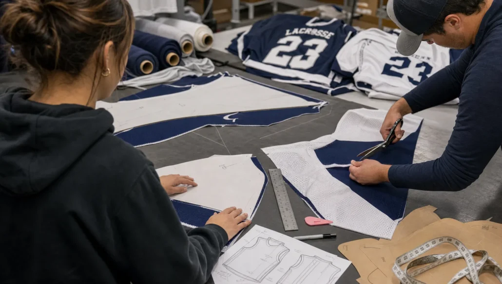 Workers align jersey panels and pattern pieces on a cutting table during custom lacrosse jersey production.