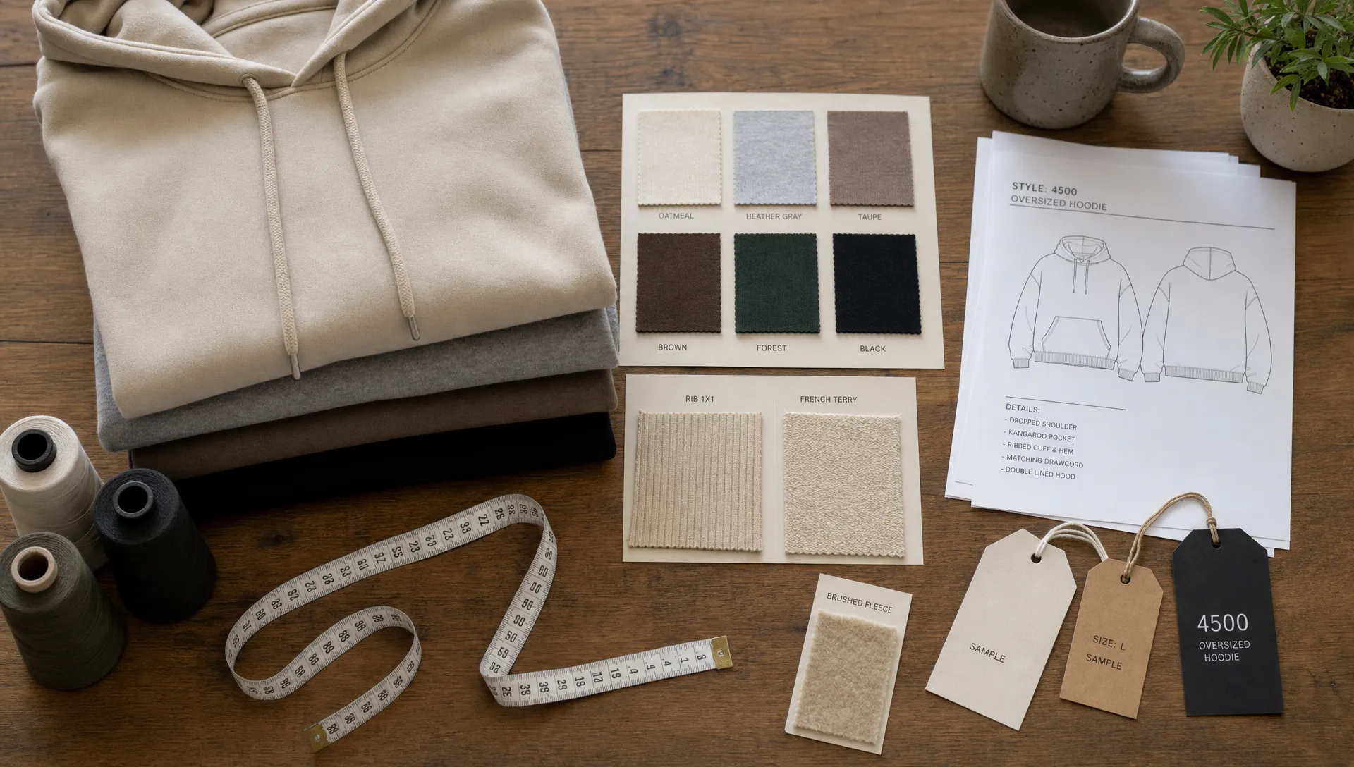 An overhead worktable with folded blank hoodies, fabric swatches, a measuring tape, thread cones, and sample labels arranged for manufacturer review.
